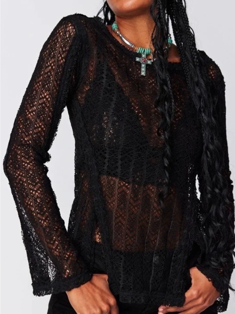 Free People On The Road Twisted Tee Sheer Knit Lace Mesh Slit Top S